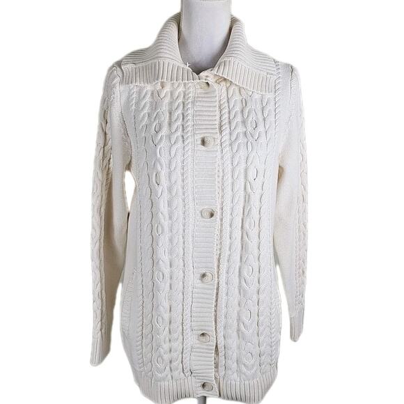 LL. Bean ~Woman Size M~ White Knit Cotton Button-Up Cardigan Sweater Long Sleeve - Picture 8 of 15